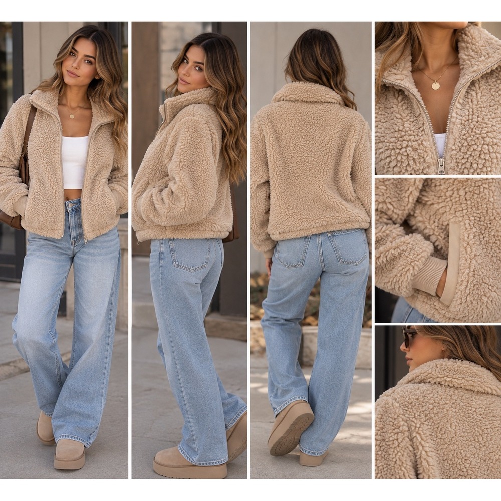 Abercrombie & Fitch Tan Sherpa Fleece Full Zip Jacket Beige Medium